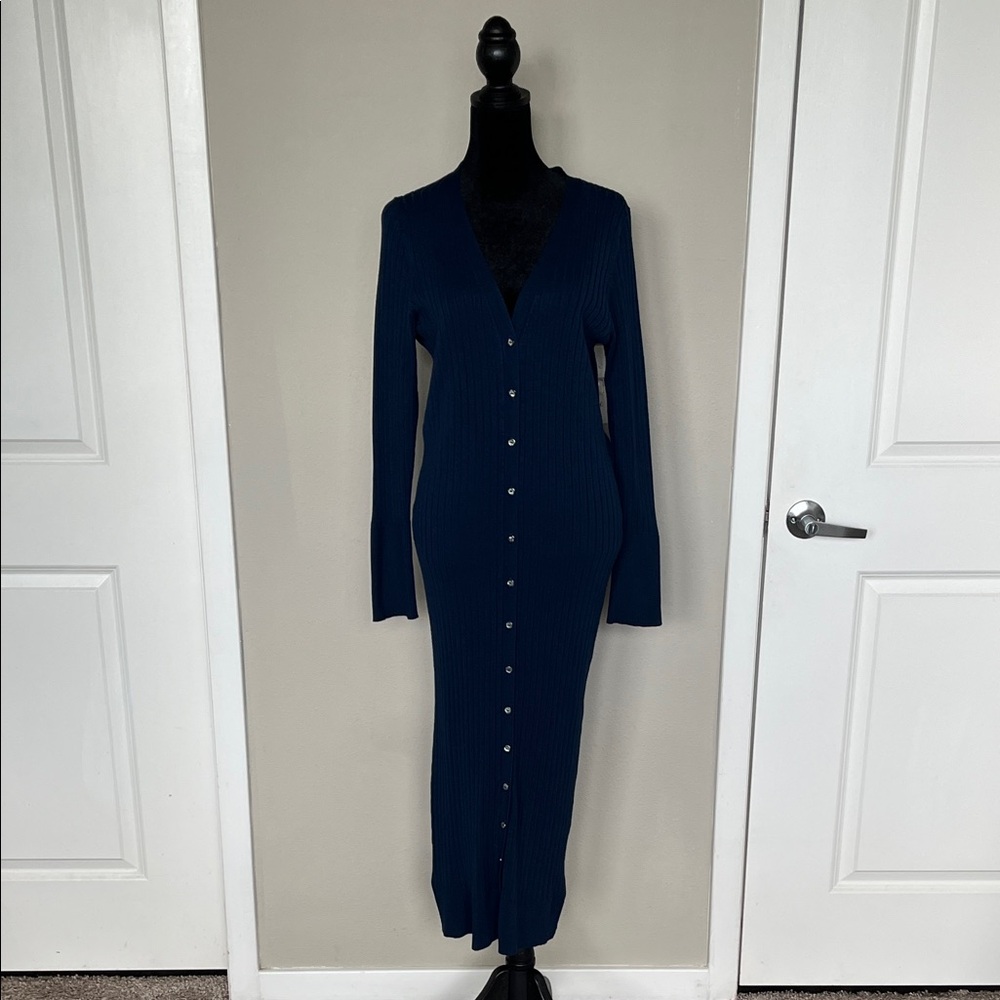 525 America Deep Blue Ribbed Knit Sweater
